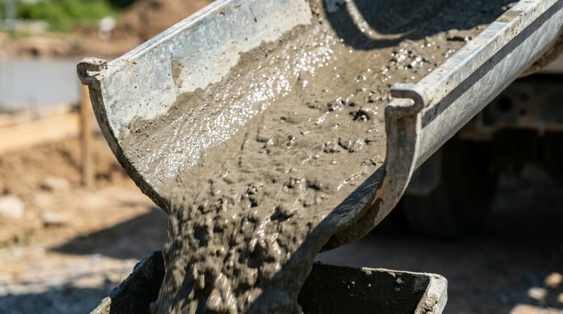 Wet concrete pouring down the chute of a mixer truck on a Birmingham site