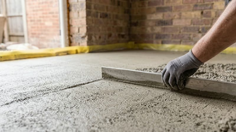Floor screed being levelled with a straightedge in a brick-walled room